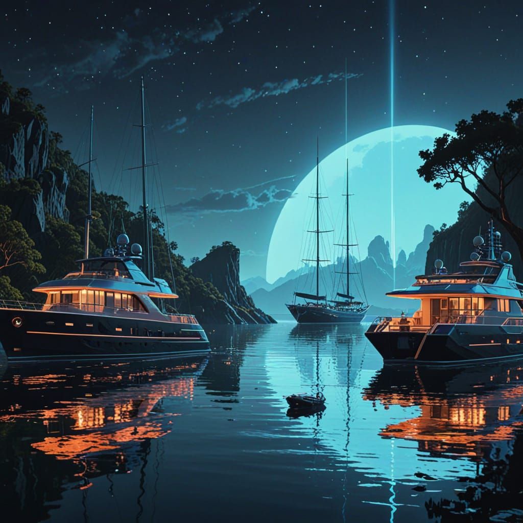 Superyachts Sail Bioluminescent Bay in Digital Art Style