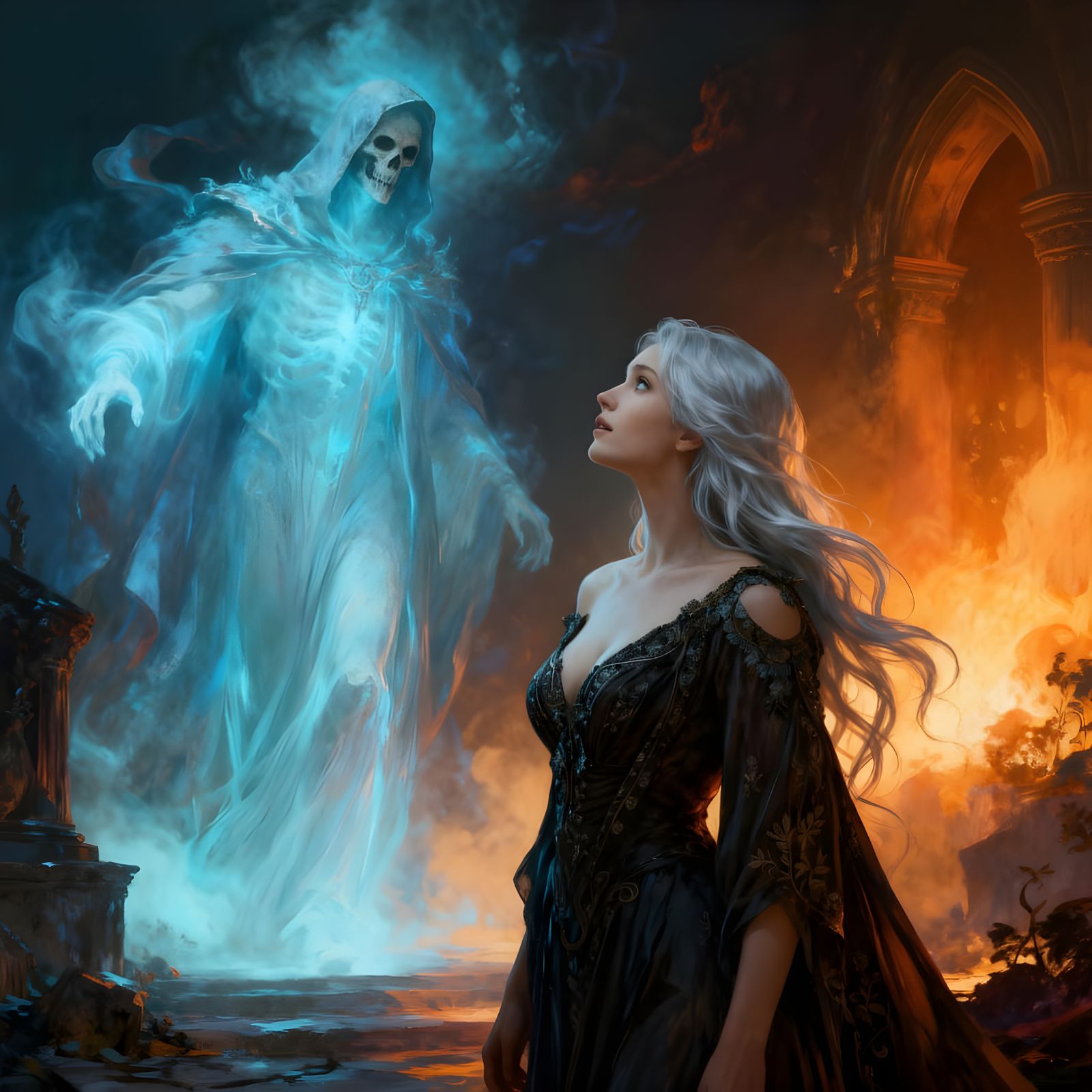 Beautiful Woman Embracing Death in Dramatic Painting Style