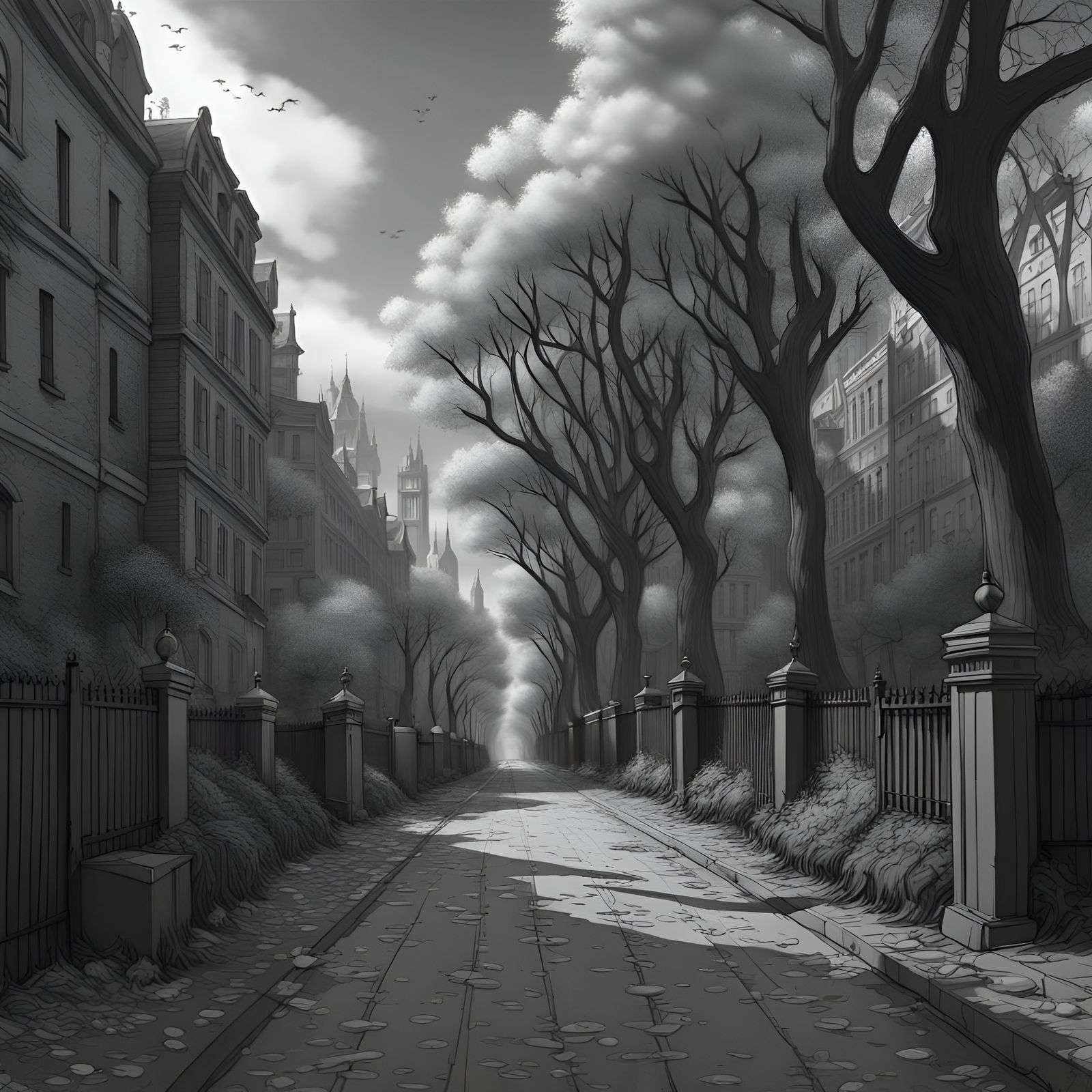 Grayscale Autumn Park Scene in Detailed Dark Fantasy Style