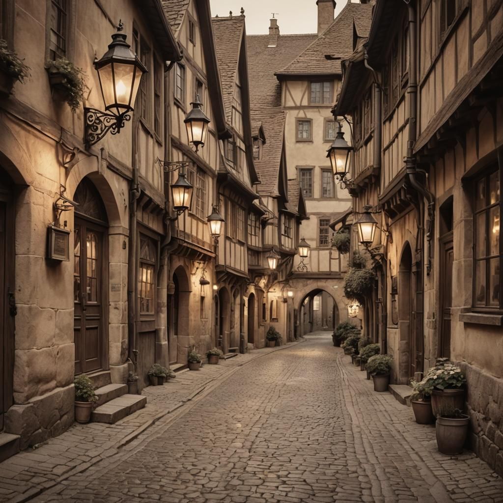 Romantic Medieval Street Scene in Sepia Tones