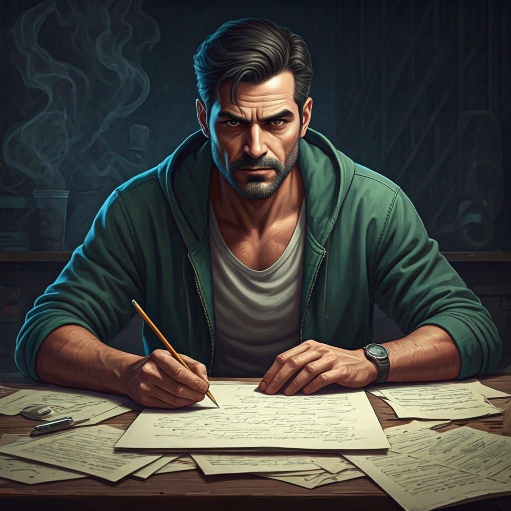 Intense Writer in Dimly Lit Room, Atmospheric Style