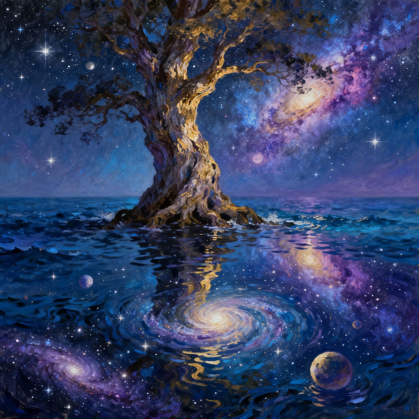 Ancient Tree in Starlit Ocean Under Cosmic Sky
