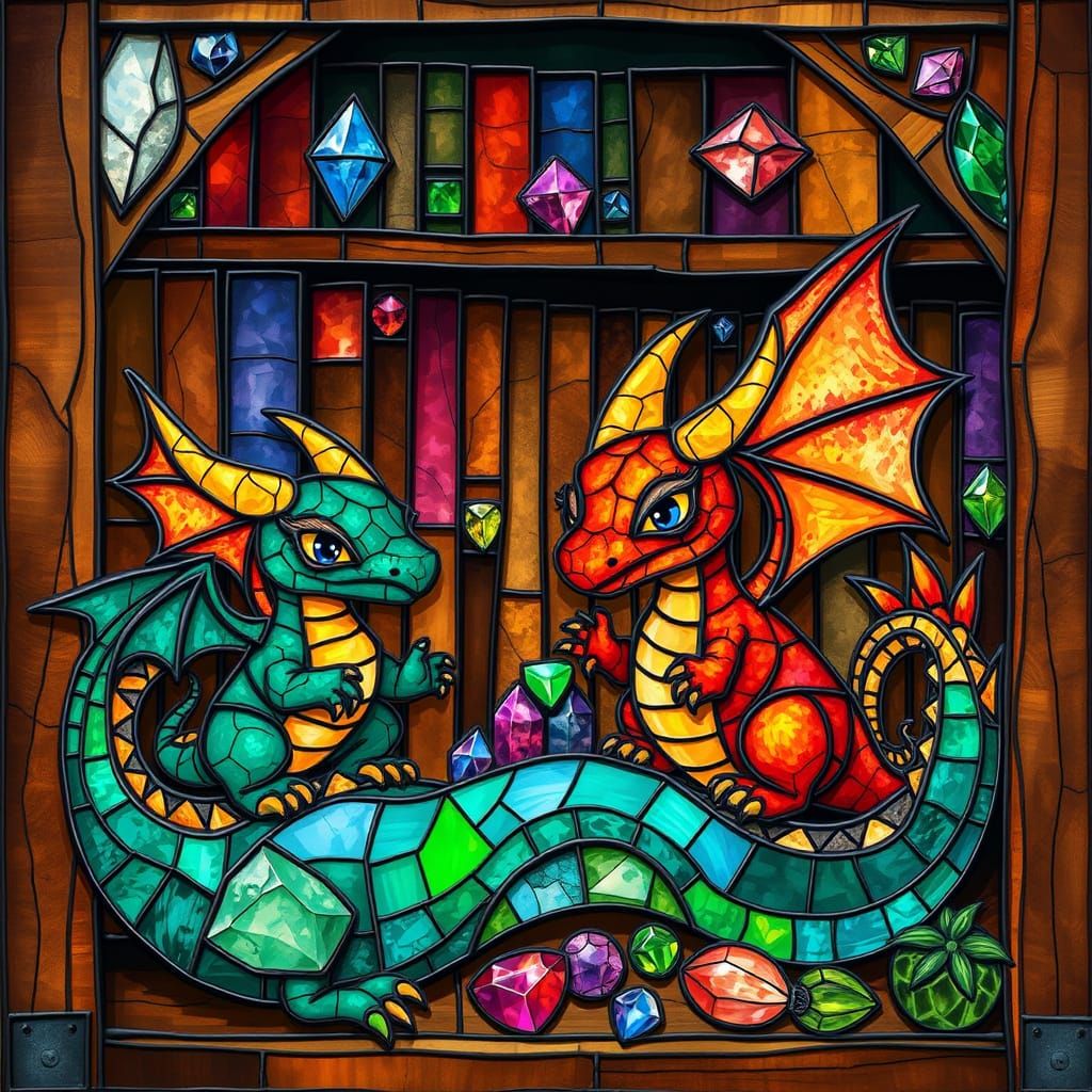 Whimsical Stained Glass Bookshelf Worlds with Chubby Dragons...