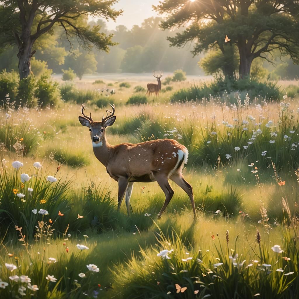 Deer in Sunlit Meadow, Soft Focus Photography