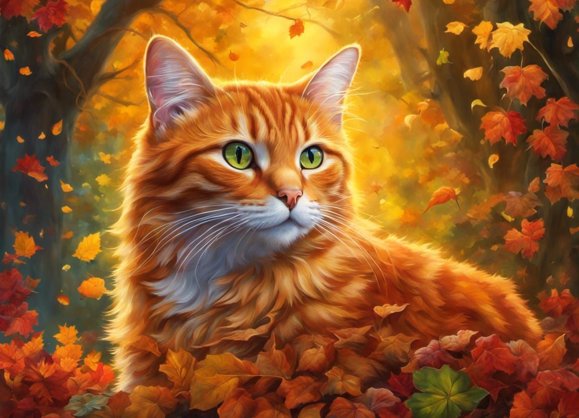 Realistic Ginger Tabby Cat in Vibrant Autumn Landscape