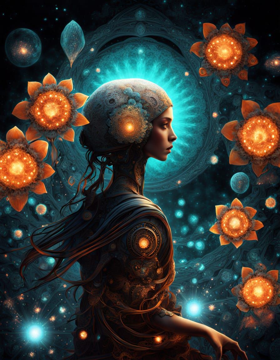 Cyber Shrine Maiden with Bioluminescent Flowers