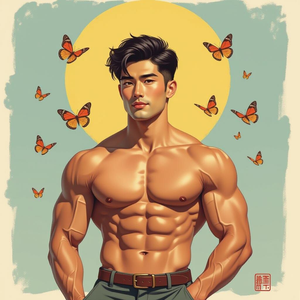 Muscled Man in Ukiyo-e Style with Butterflies