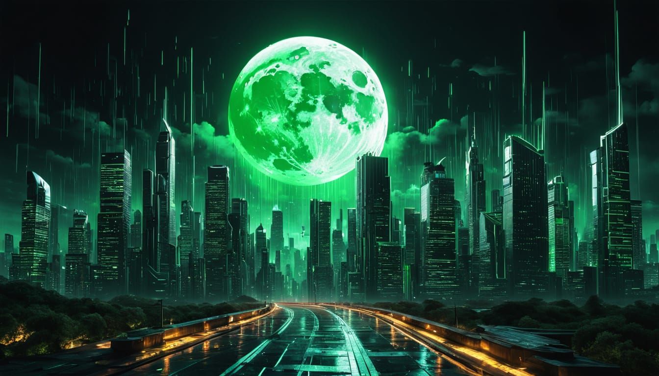 Cyberpunk Cityscape at Night Under a Full Moon