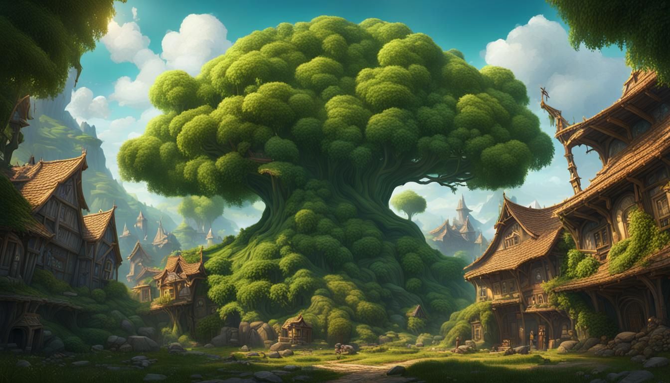 Village on Giant Tree: Fantasy Concept Art