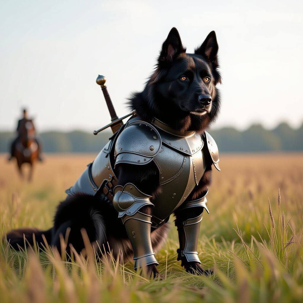 Black Dog Knight in Armor Surveys War Field