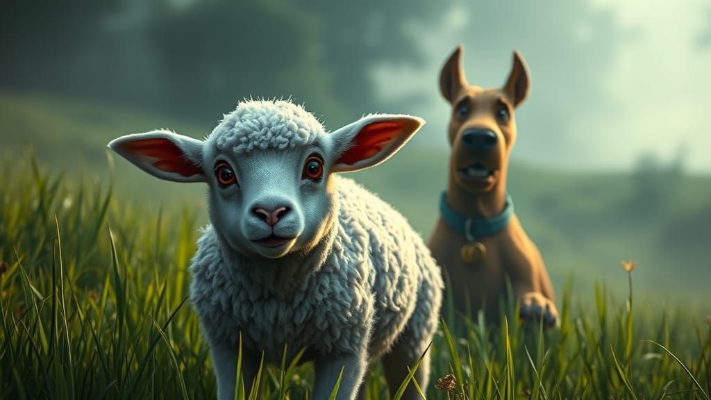 Frightened Lamb and Looming Dog in Meadow