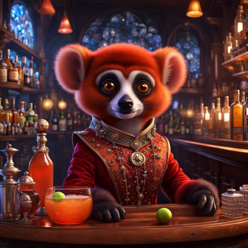 Medieval Red Lemur Bartender in Reflective Universe