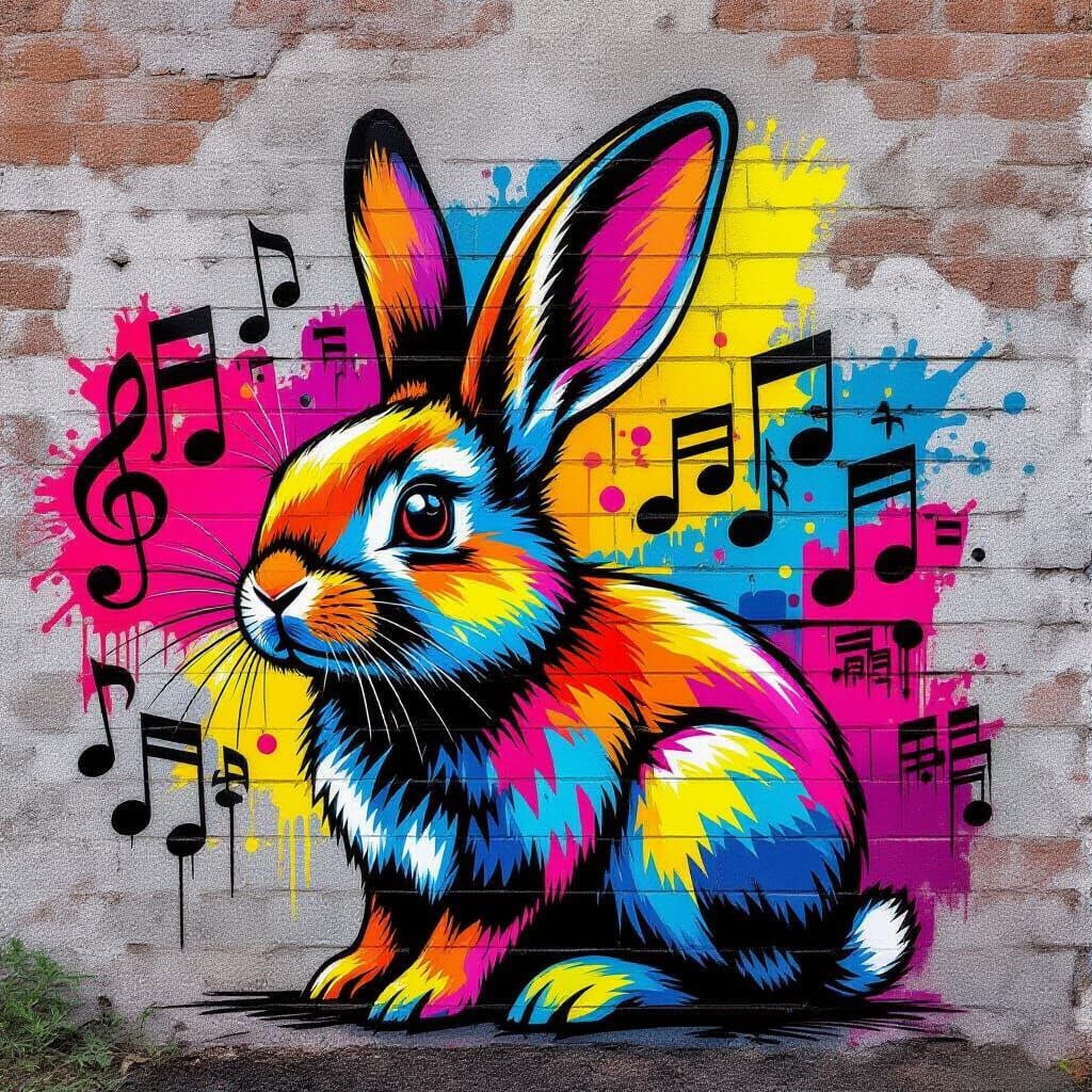 Vibrant Rabbit Street Art Mural on Brick Wall