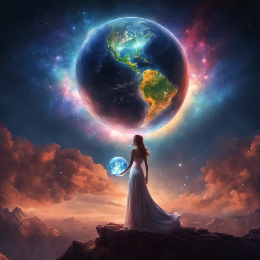 Woman Caressing Earth Sphere in Starry Cosmos