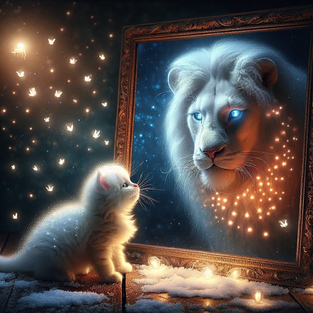 Cat and Lion Reflection in Mystical Night