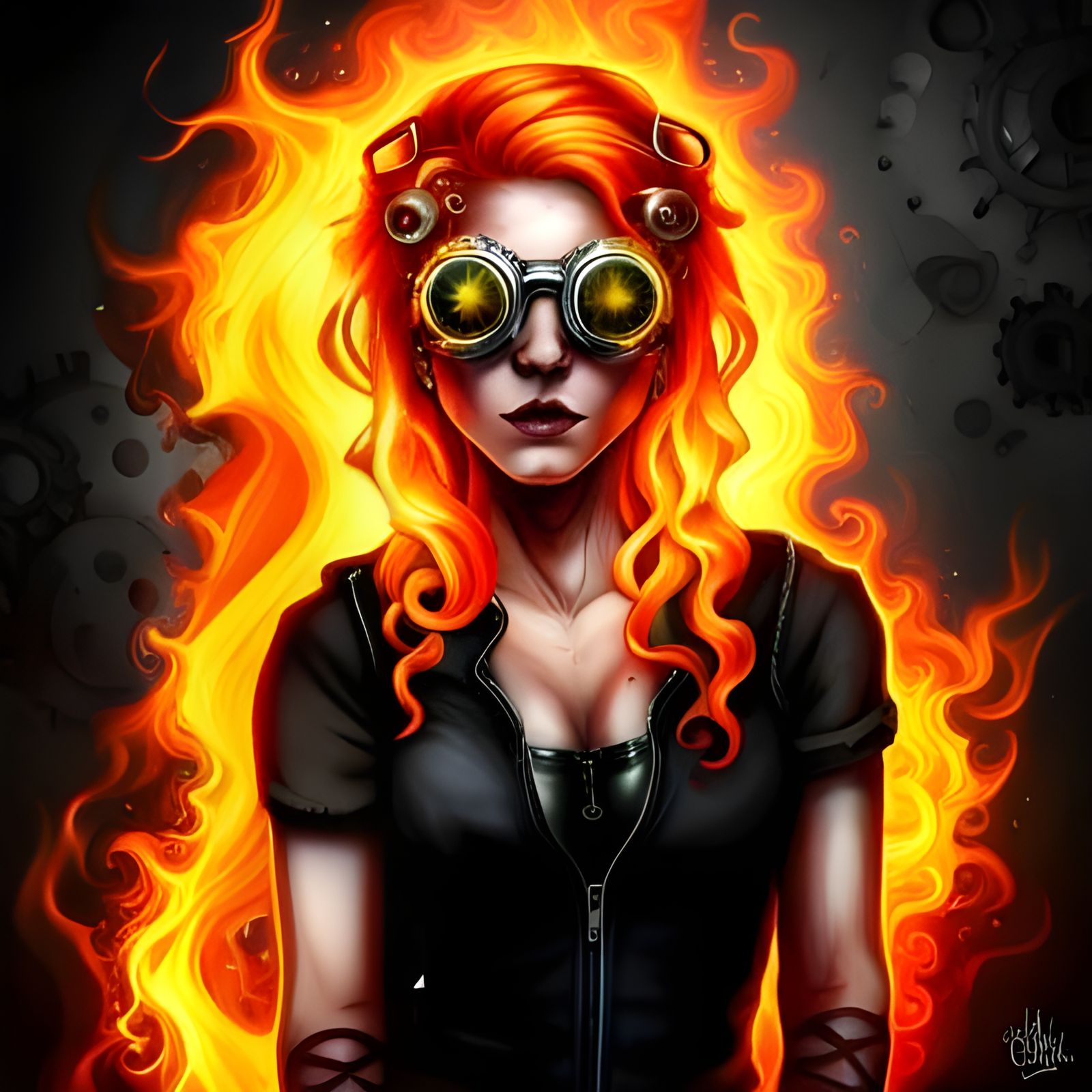Fiery Steampunk Goth with Mechanical Arm