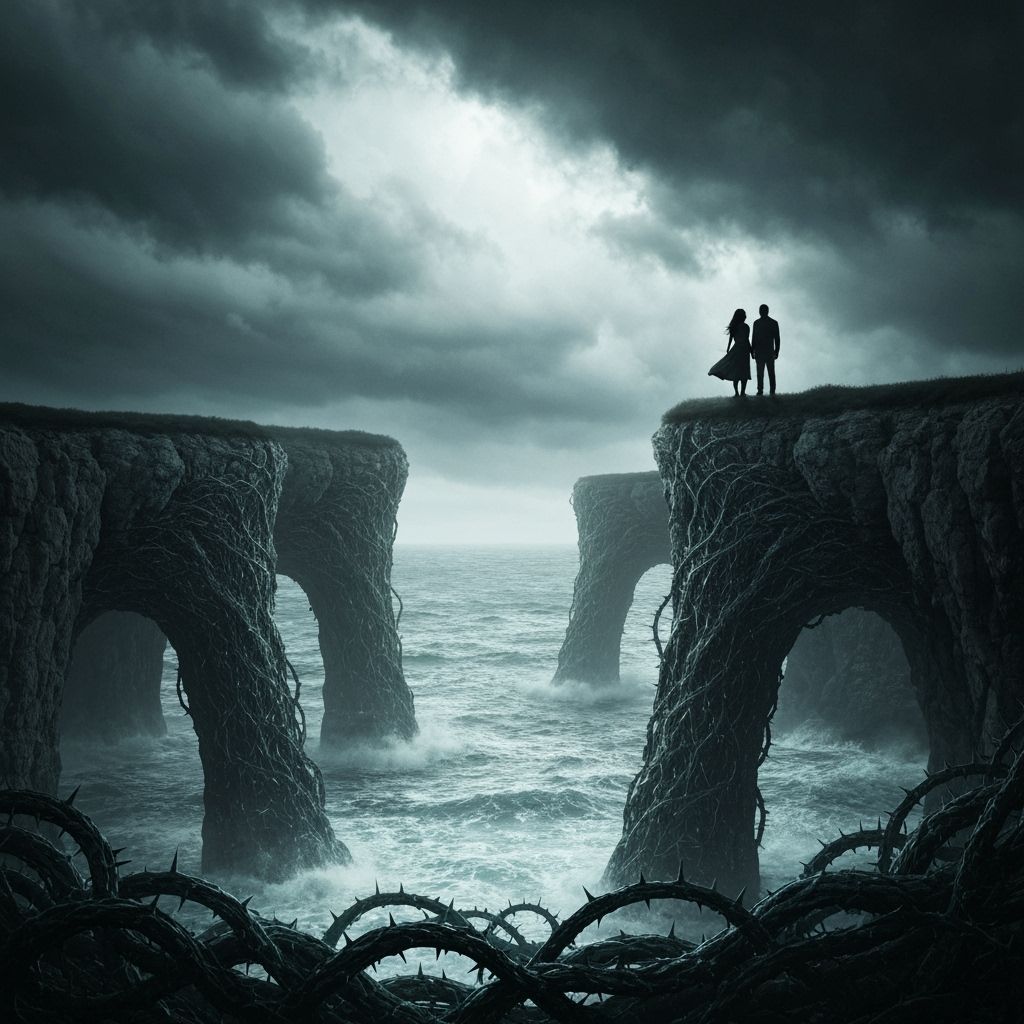 Couple Silhouetted Against Stormy Sky Above Vine Sea Caves