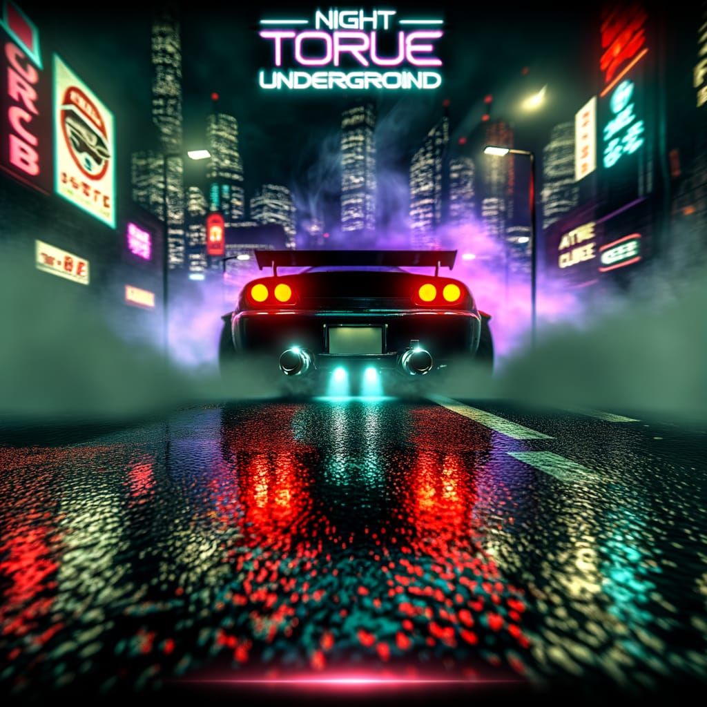 Neon Cityscape with Rain-Soaked Asphalt and Sportscar