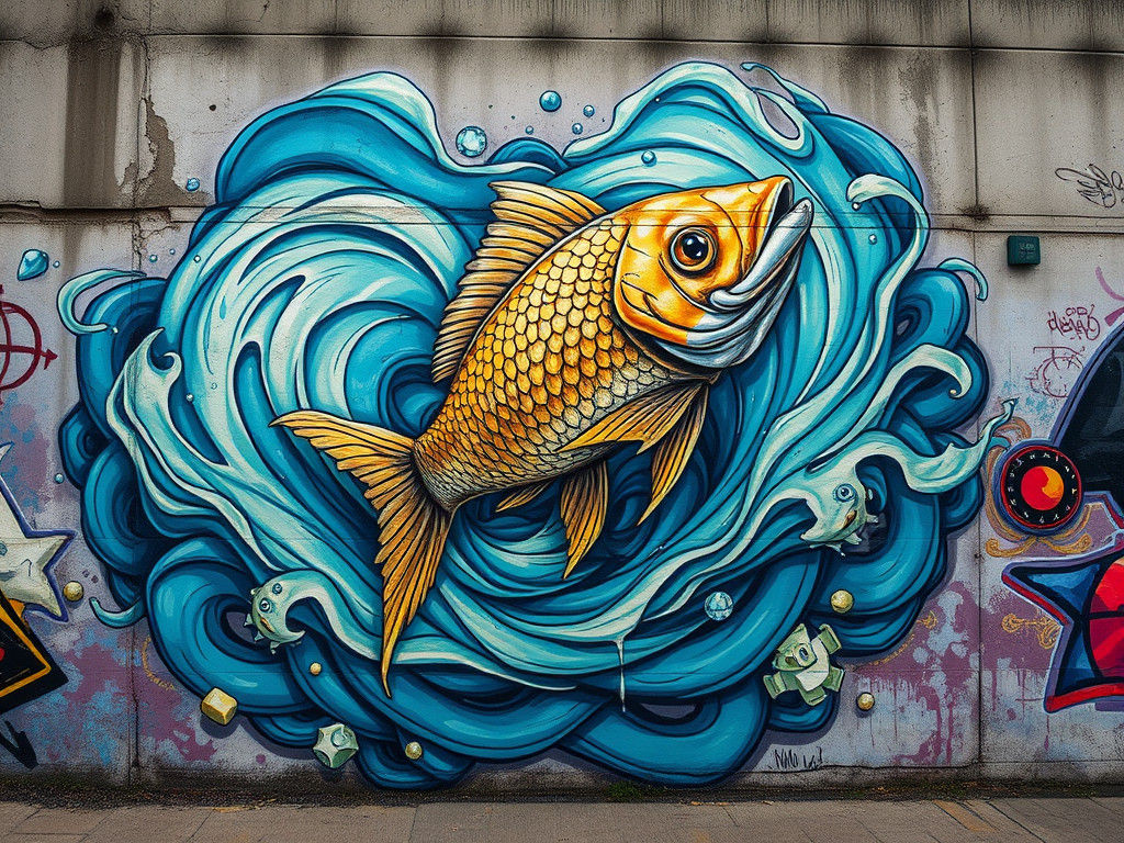 Hyperrealistic Graffiti: Fish Bursting from Alien Ocean