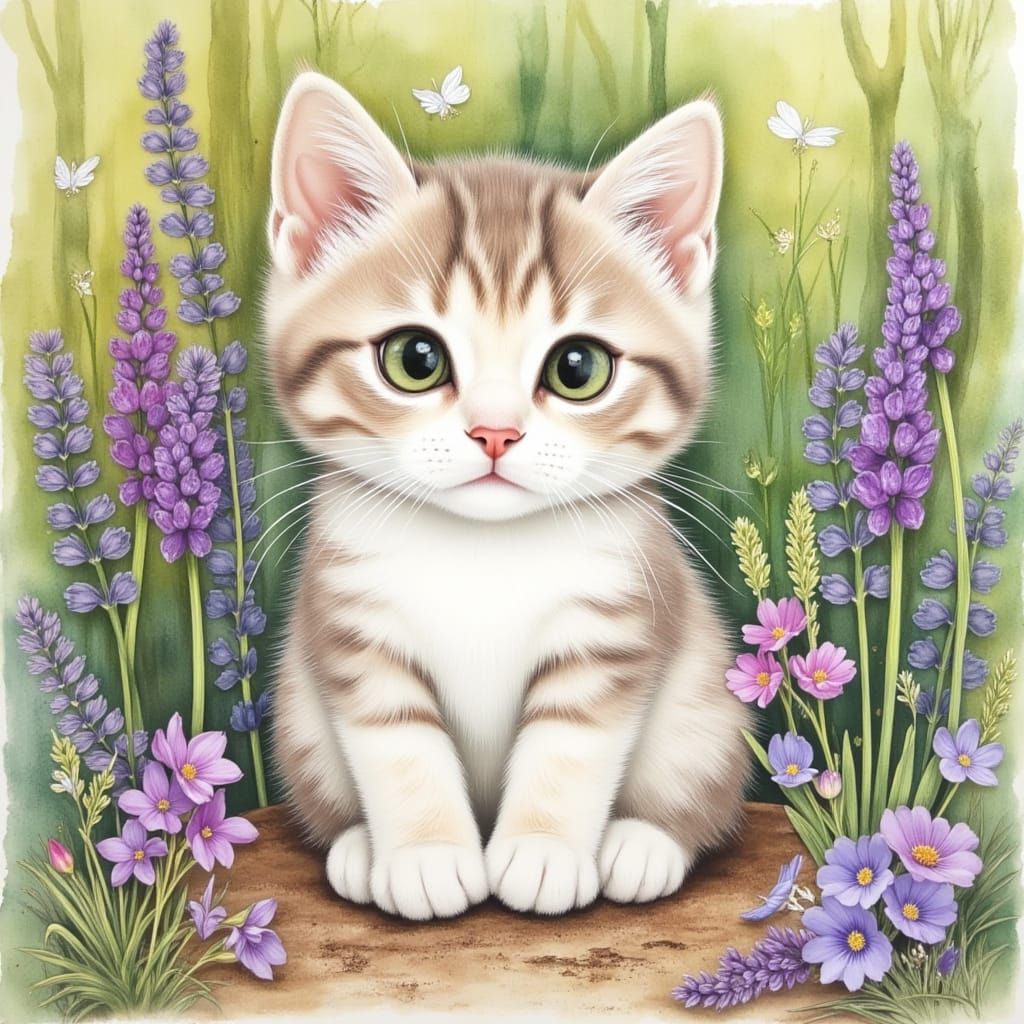 Tiny Pearl Cat in Violets Watercolor Sketch