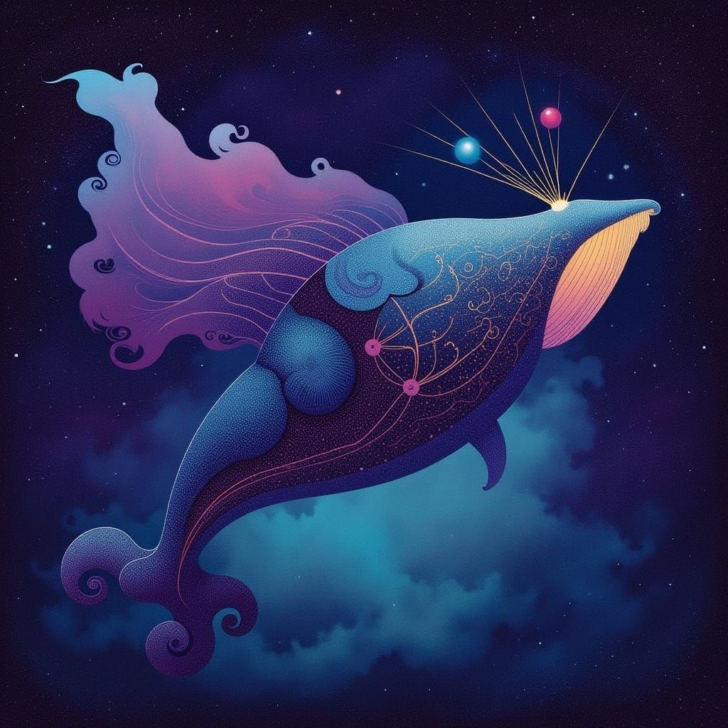 Bioluminescent Whale Drifting Through Cosmic Nebula