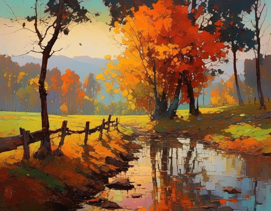 Autumnal Landscape as Impasto Oil Painting