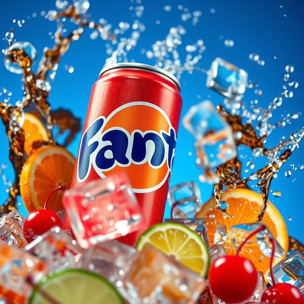 Hyperrealistic Fanta Can with Floating Ice Cubes