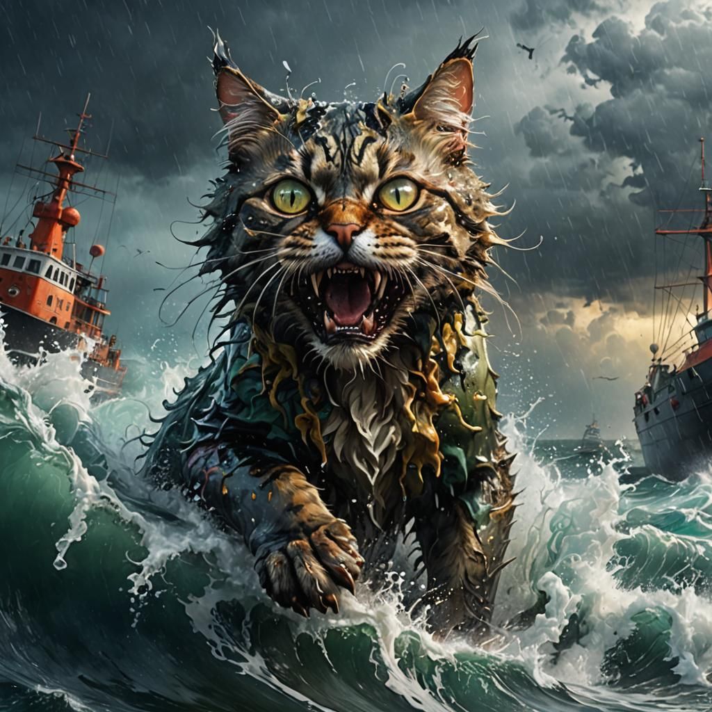 Hyperrealistic Zombie Cat in Stormy Bearing Sea