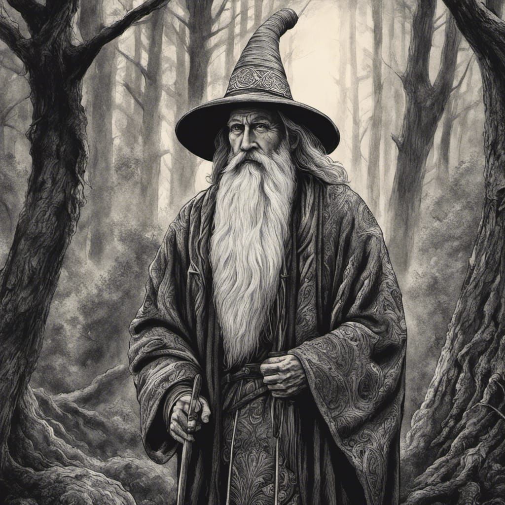 Detailed Ink Portrait of an Old Wizard in Forest