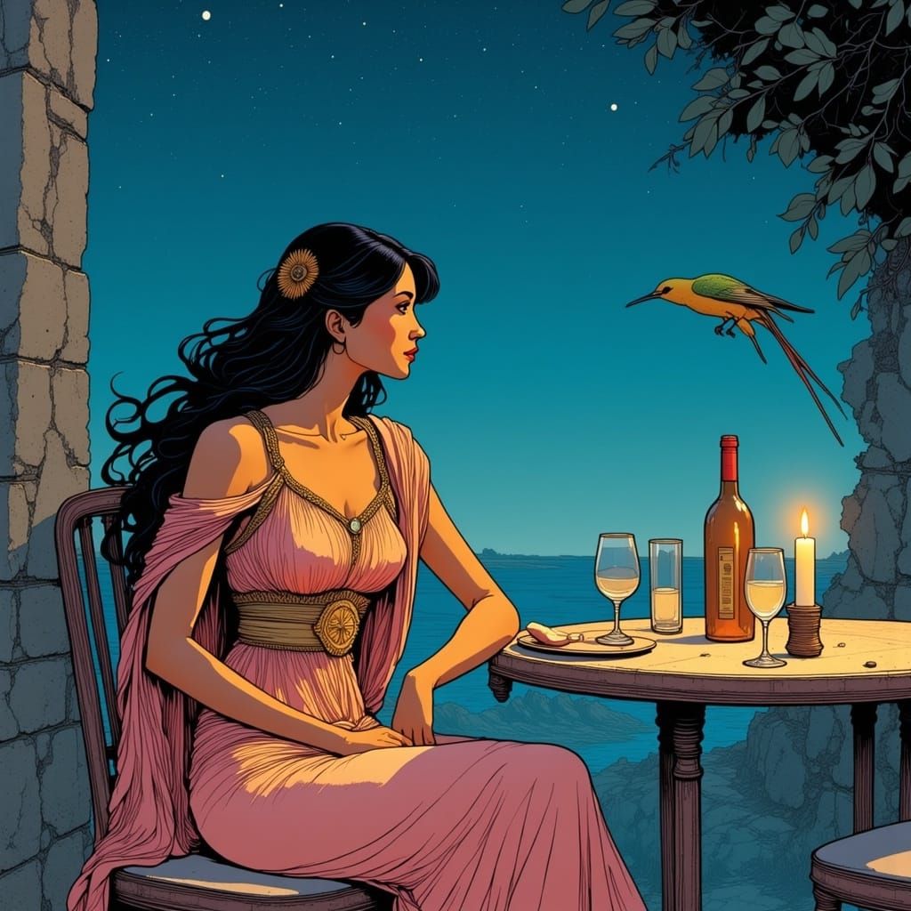 Ethereal Maiden with Bee-Eater in Moebius Comic Style