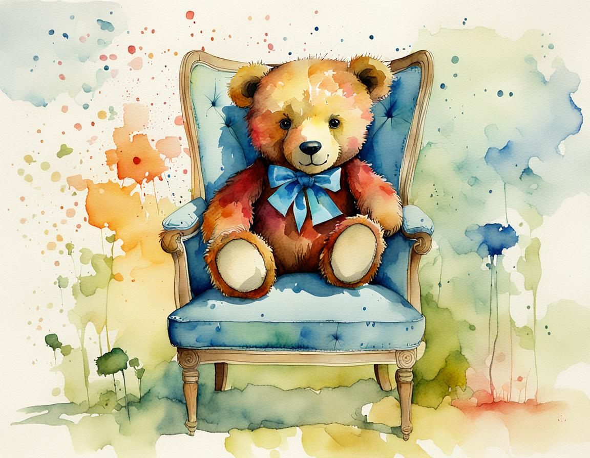 Cheerful Teddy Bear in Watercolor and Ink