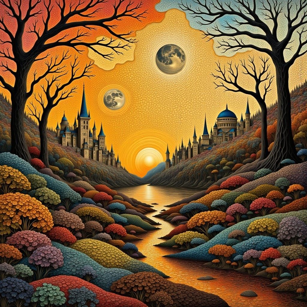 Surrealistic Mosaic Cityscape at Sunset