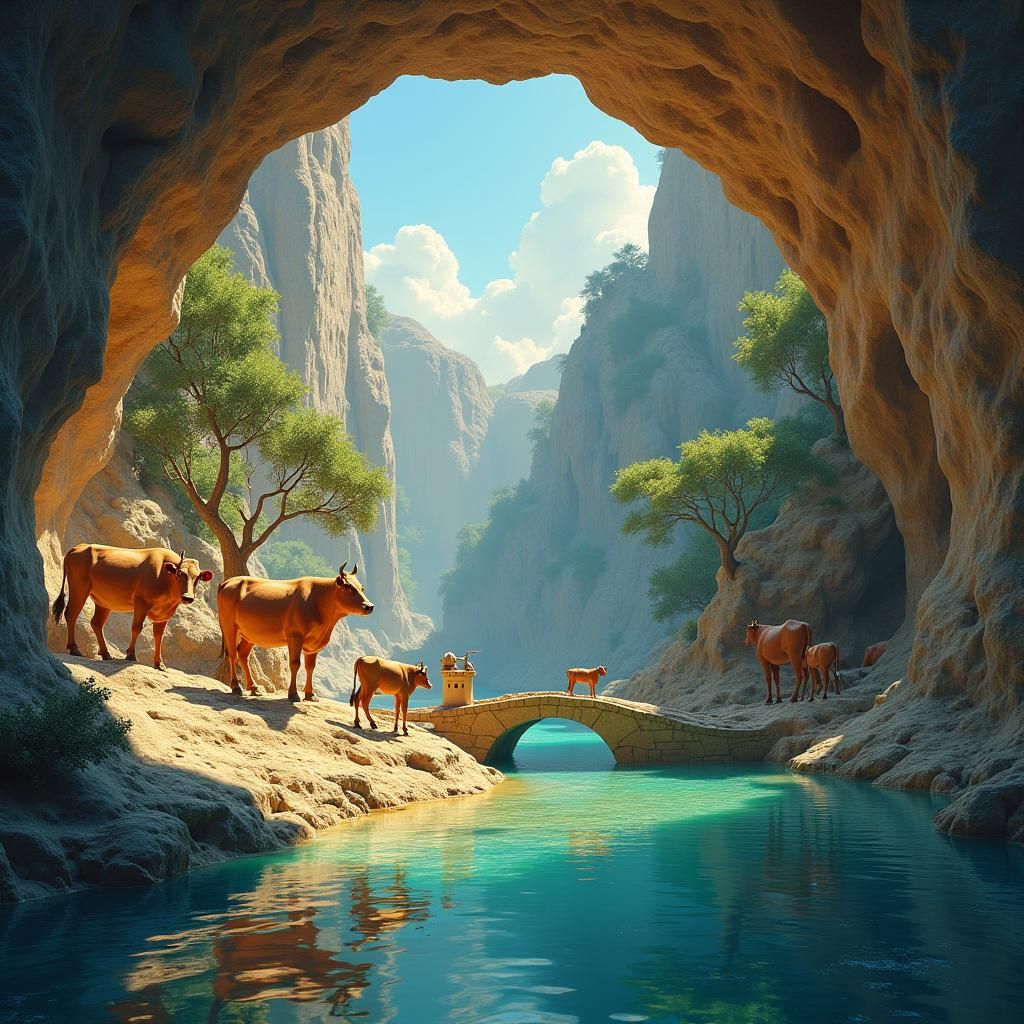 Dreamlike Cave Painting of Cows and Village