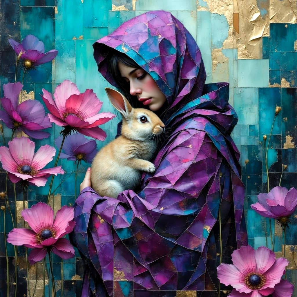 Woman with Bunny in Impasto Oil Painting Style