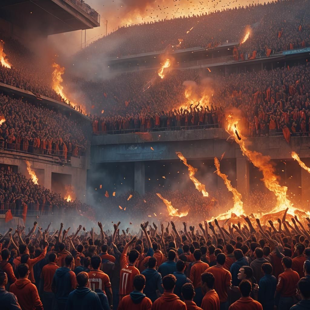 Enraged Atletico Fans in Flame-Lit Stadium