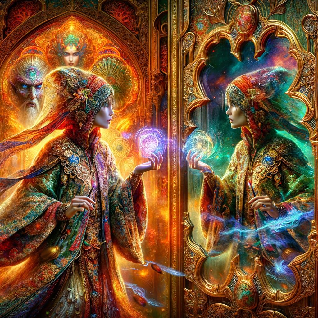 Romantic Sorceress Engages Mirrored Reflections in a Magical...
