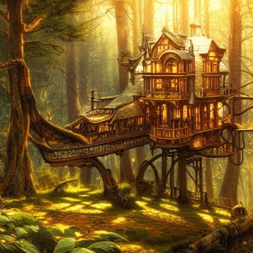 Steampunk Treehouse in Forest, Second Empire Style