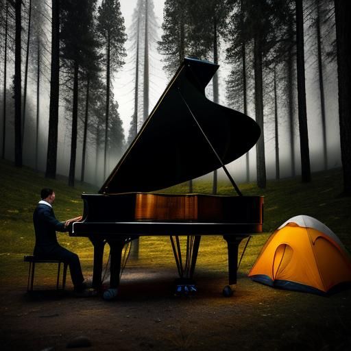Hyperrealistic Camping Scene with Pianist in HDR