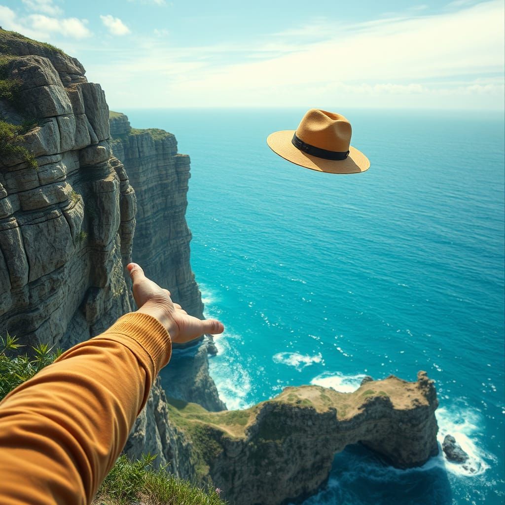 Seaside Cliff: Hat Flying Away in the Wind