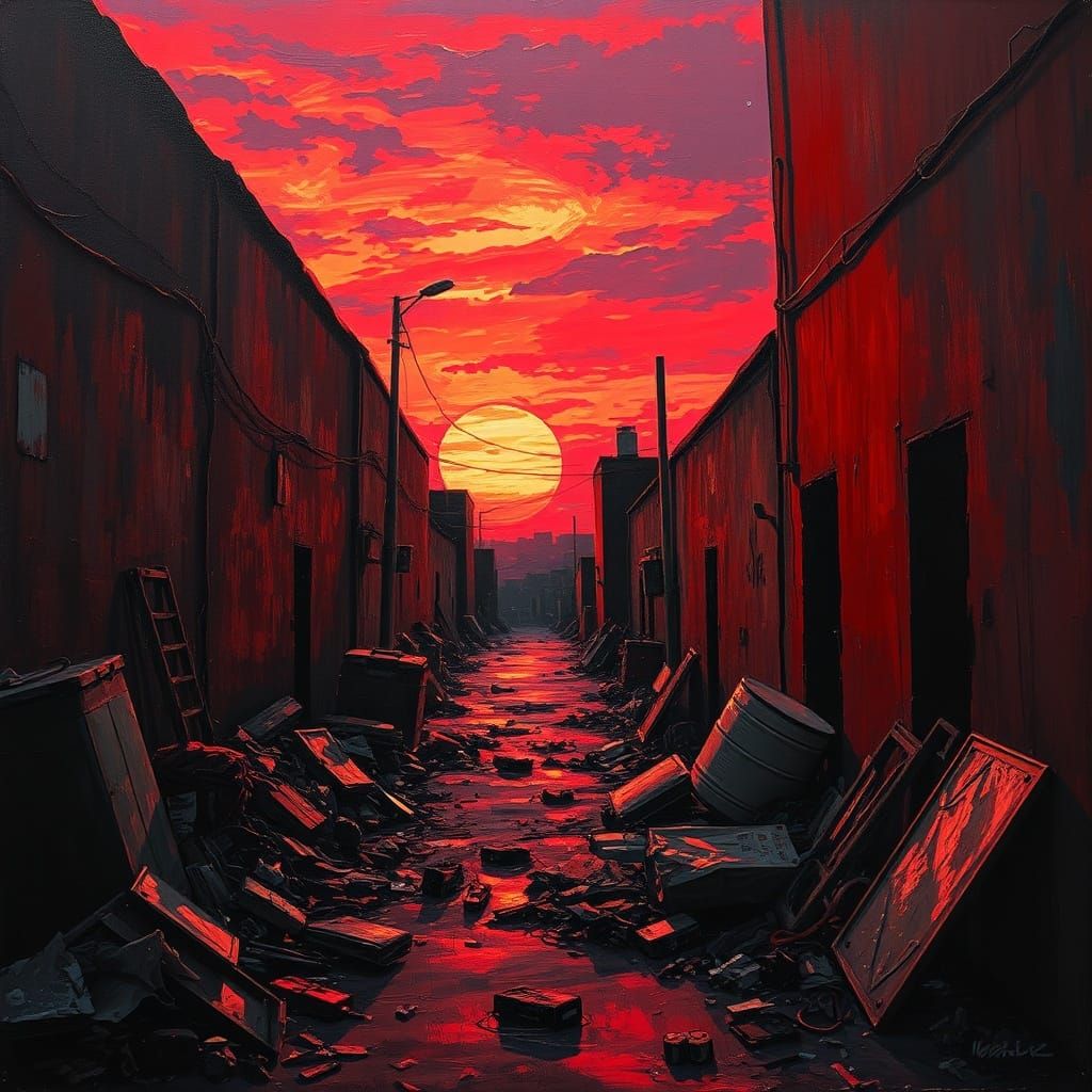 Crimson Sunset Over Grimy Alleyway Oil Painting