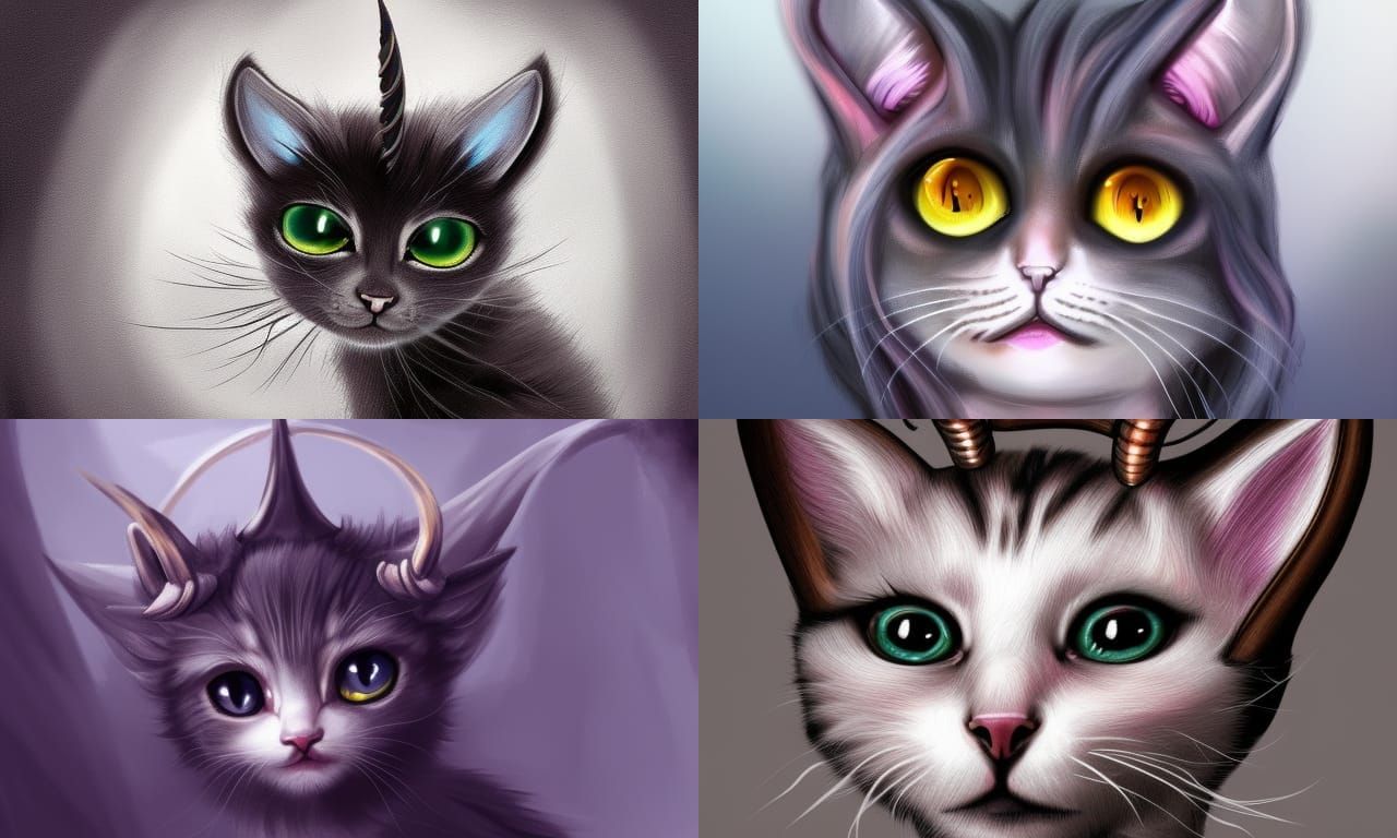 Cute Kitten with Demon Horns Digital Painting