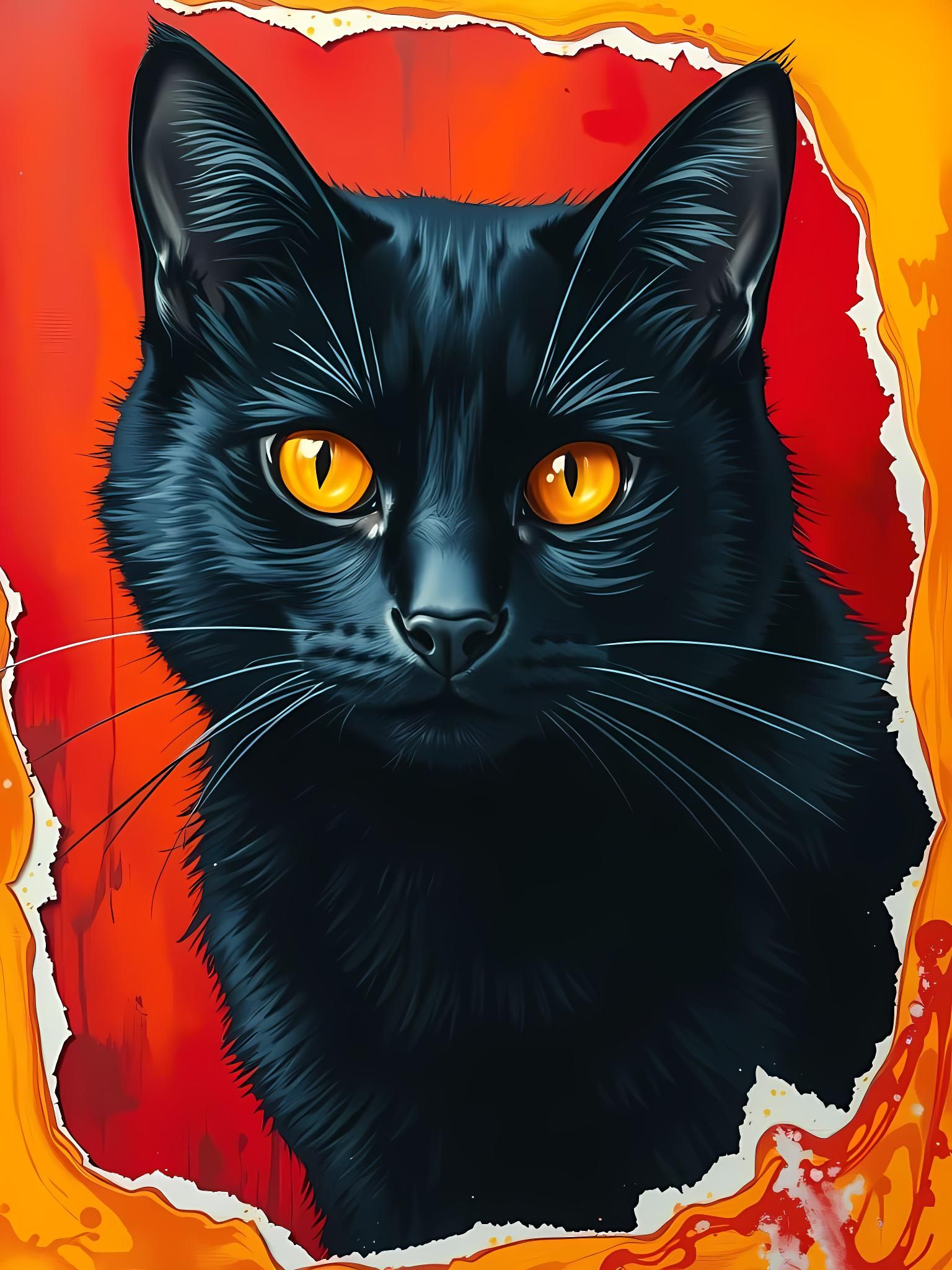Striking Black Cat with Golden Eyes in Fiery Abstract