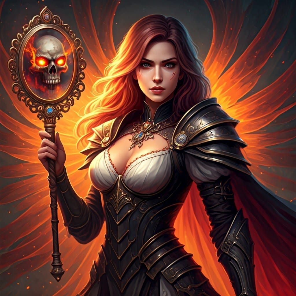 Valiant Warrior Woman with Skull Mirror Wand