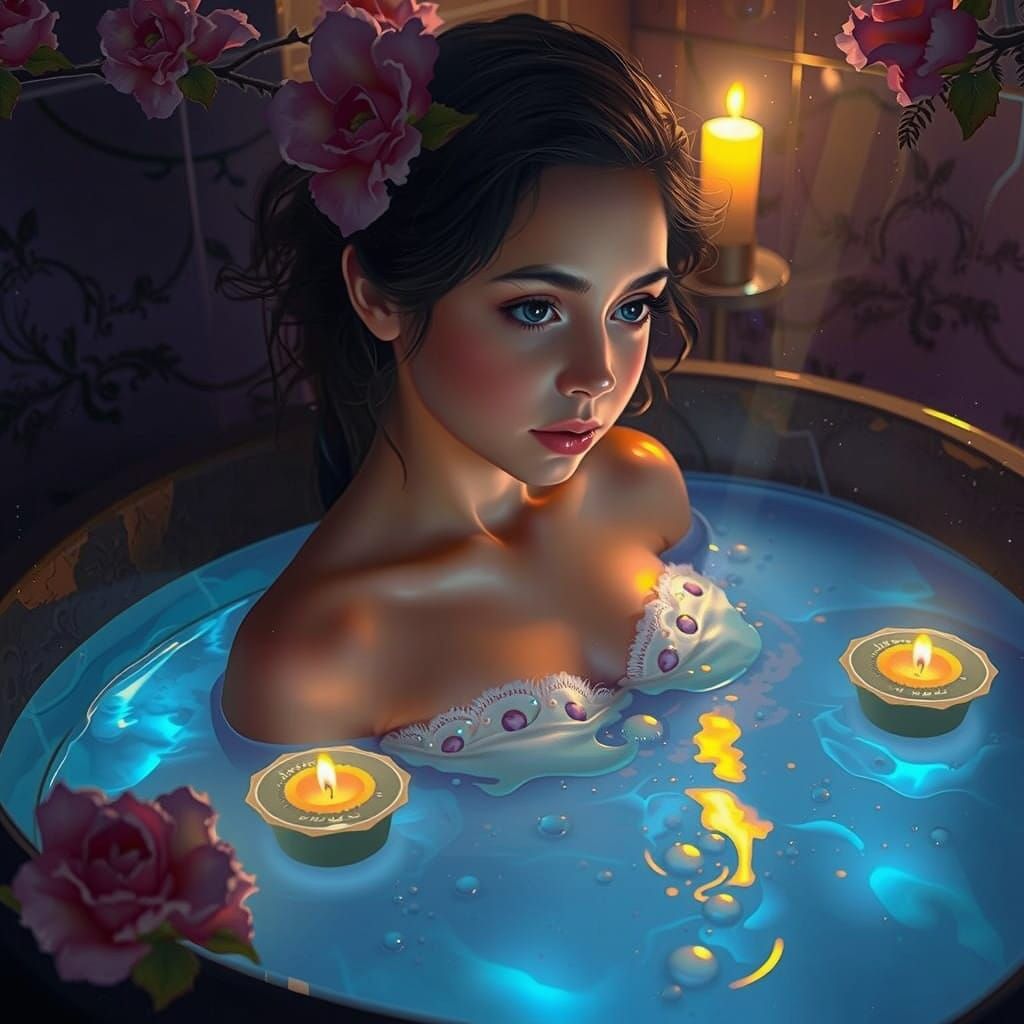 Serene Girl Bathes in Dreamy, Impressionist Style Tub