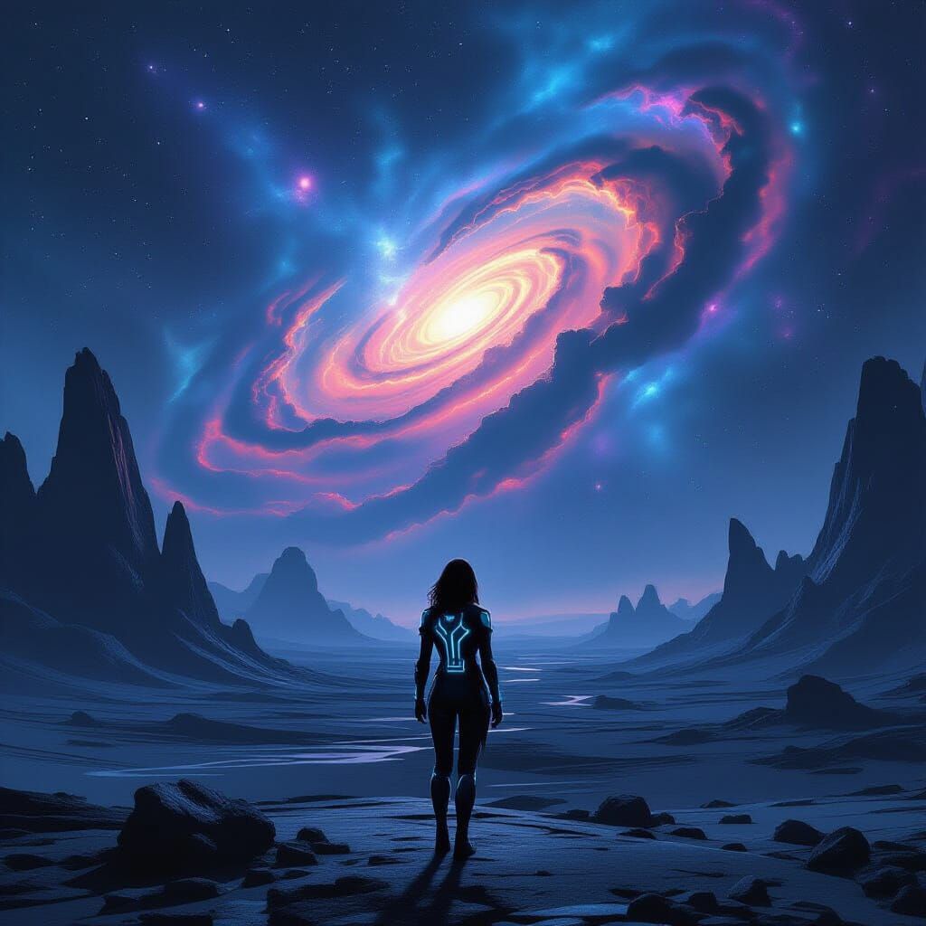 Woman Gazes at Alien Nebula in Cyberpunk Style