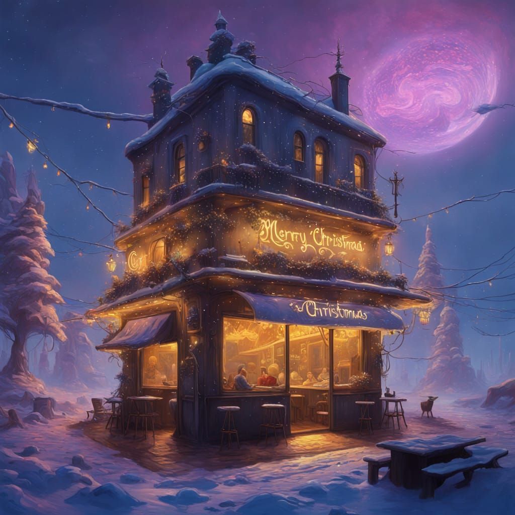 Golden Christmas Wishes Above a Mystical Night Cafe