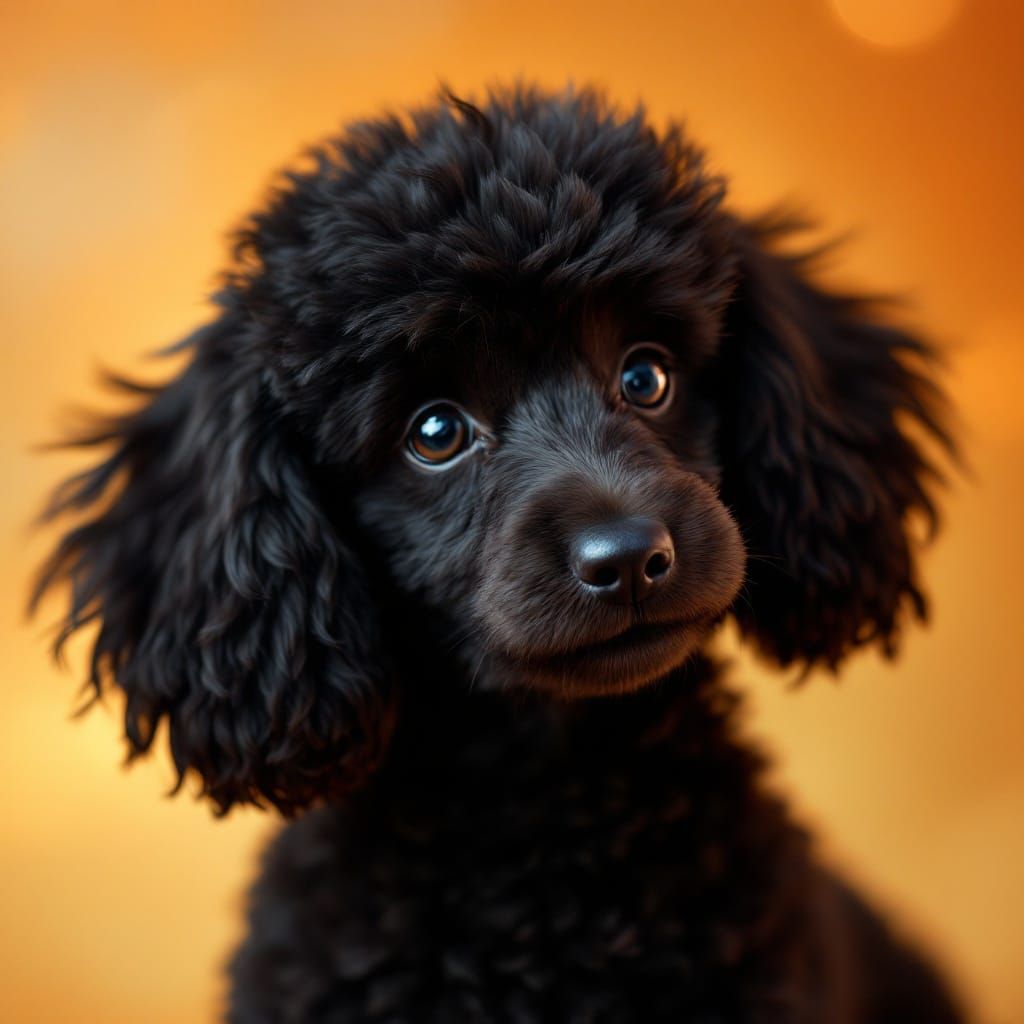 Beautiful Black Toy Poodle in Vibrant Orange Bokeh