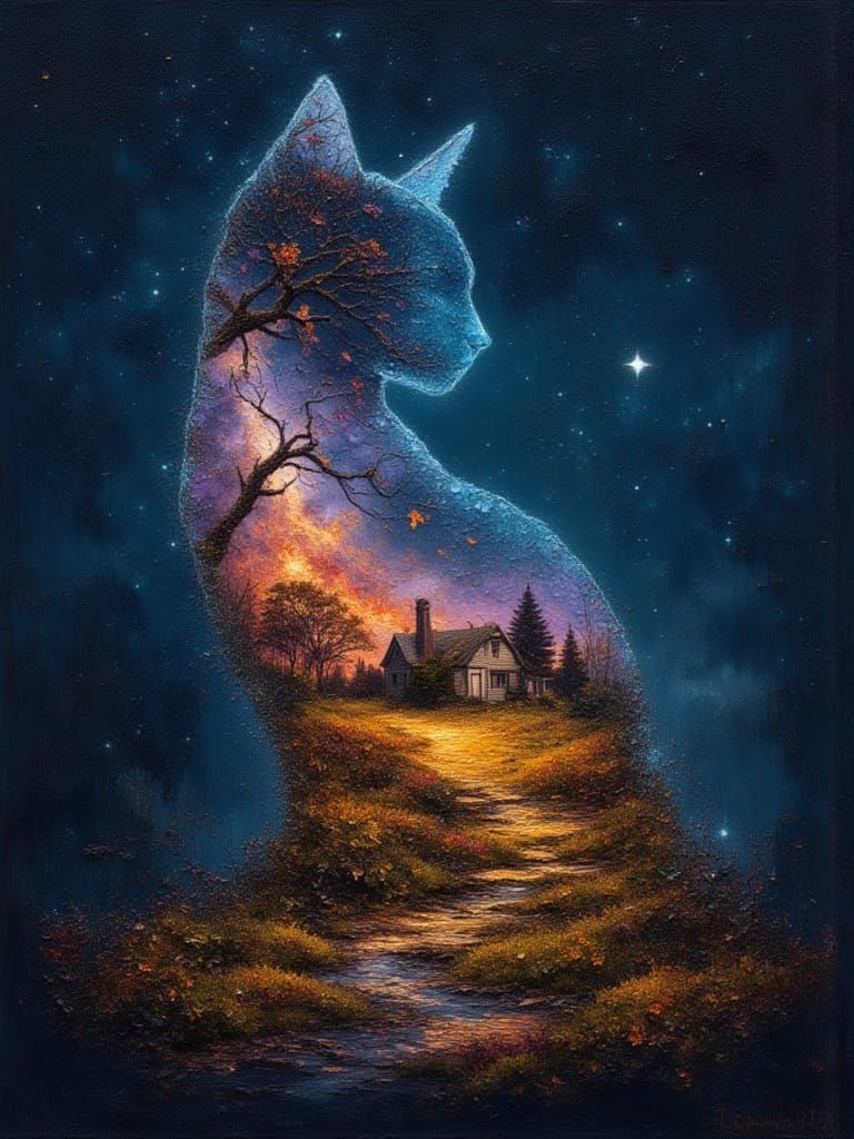 Ghostly Cat Hologram with Autumn Micro Landscape in Nebula