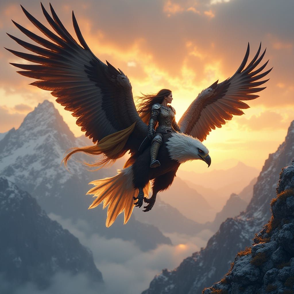 Warrior Princess Soars on Eagle's Wings over Snow-Capped Mou...