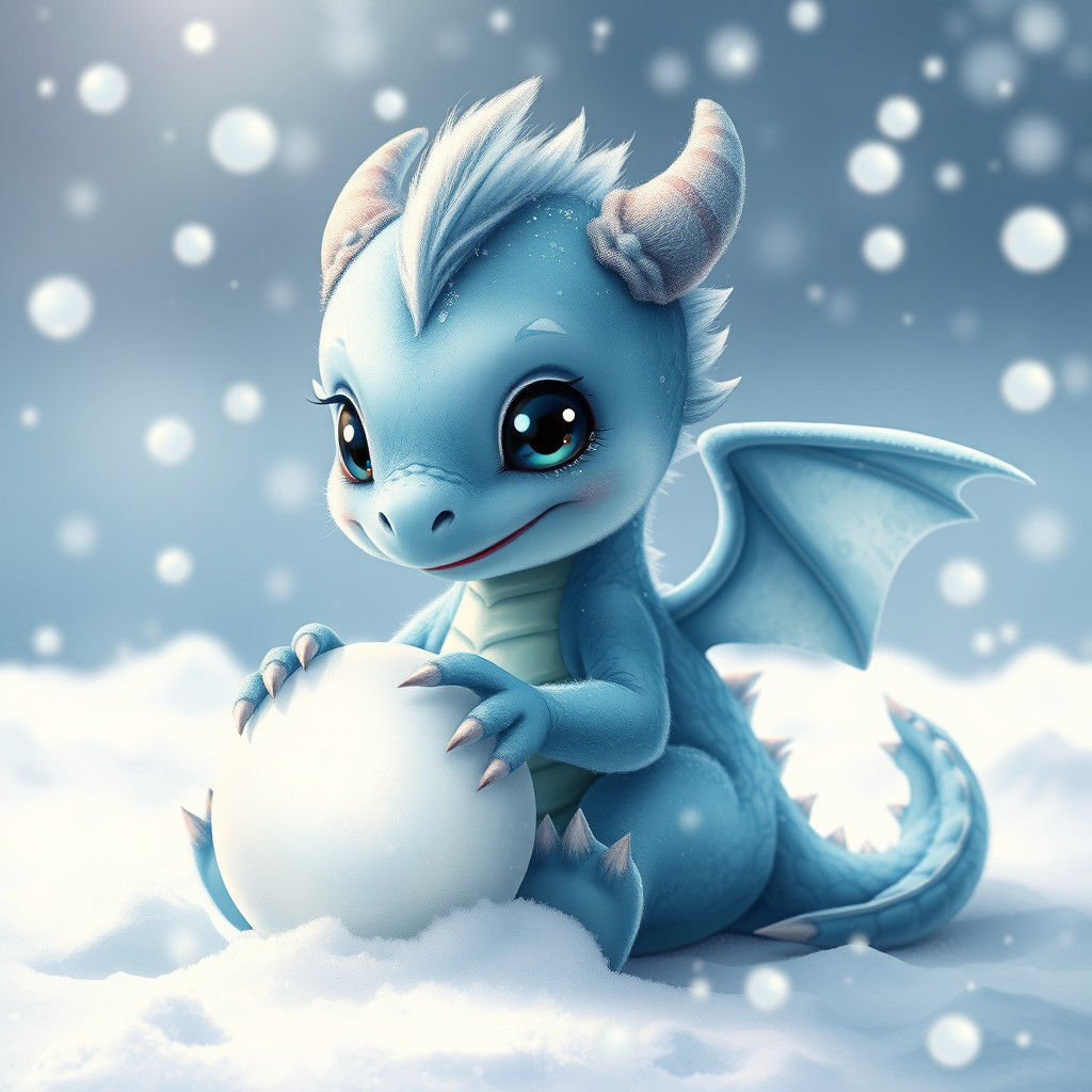 Baby Blue Dragon Making a Snowball